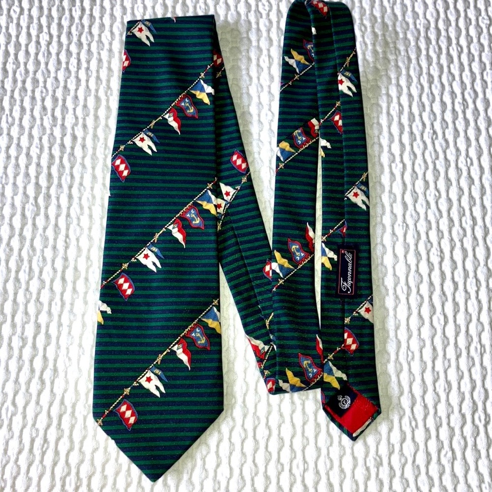Faconnable made in France luxury silk tie, nautical flag theme, green,blue, 58”